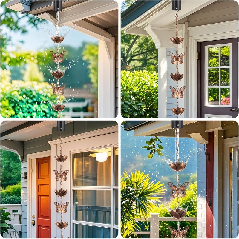 shumi 8.8ft Rain Chain for Gutters Downspouts Outside,Butterfly Rain Chain with 12 Copper Lotus Rain Chain Cups,Functional and Decorative Replacement for Gutter Downspouts - Image 5